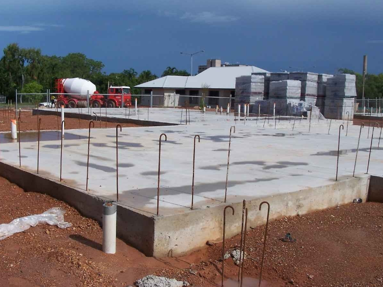 Concrete slab foundation with installed rebar.
