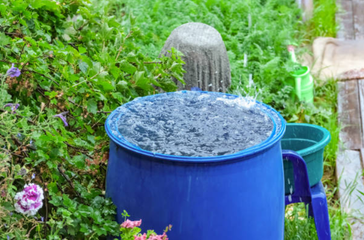 Rainwater collecting in a backyard rain barrel used for sustainable water conservation in a garden.