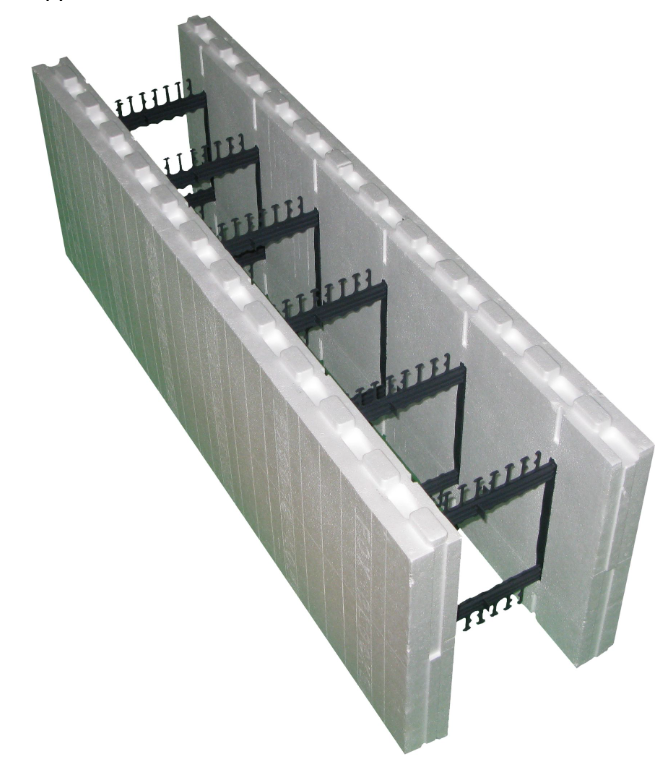 Insulated concrete form blocks with internal connectors shown in a wall assemble.