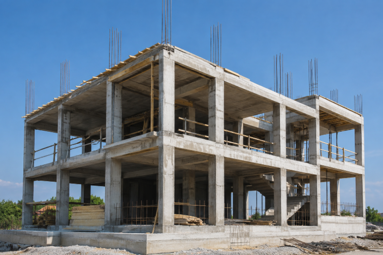 Reinforced concrete building under construction with exposed steel rebar.