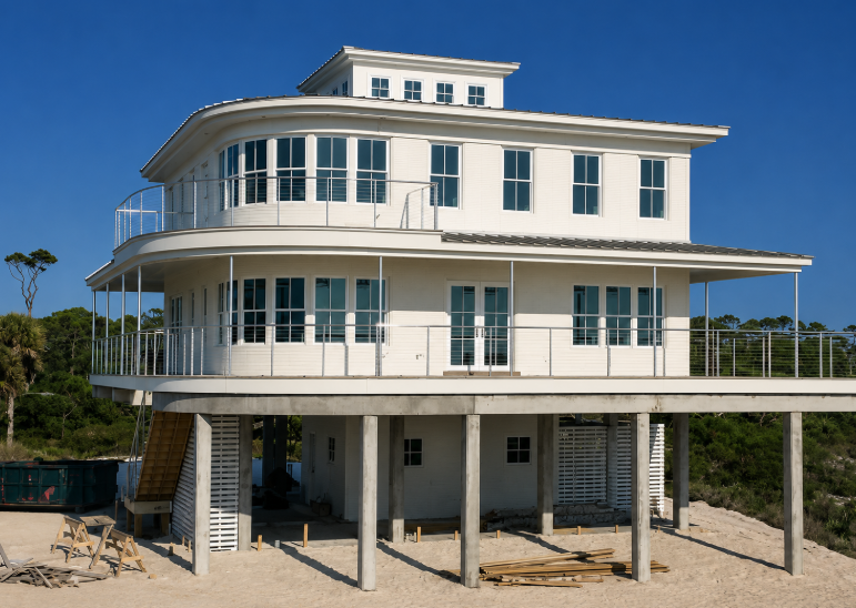 Elevated coastal home built on concrete columns with wraparound balconies.