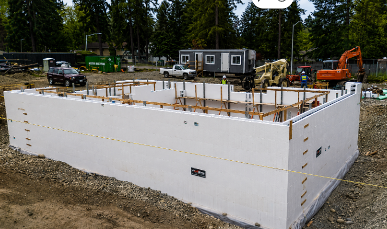 Insulated concrete form foundation under construction.