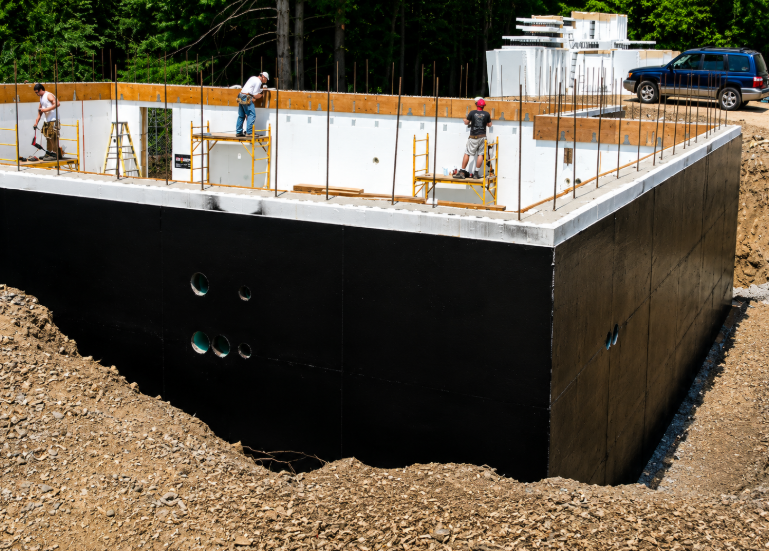 Waterproofed concrete foundation under construction.