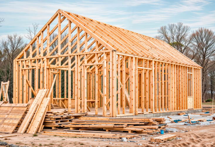 Home under framing stage representing active housing construction.
