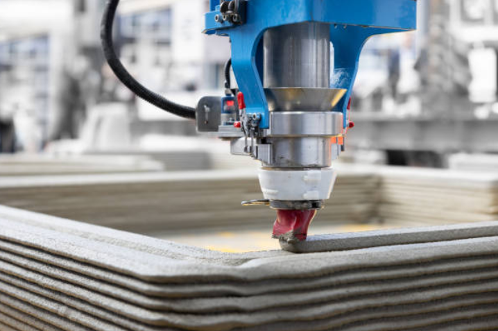 Automated 3D printing machine producing concrete panels for housing construction.