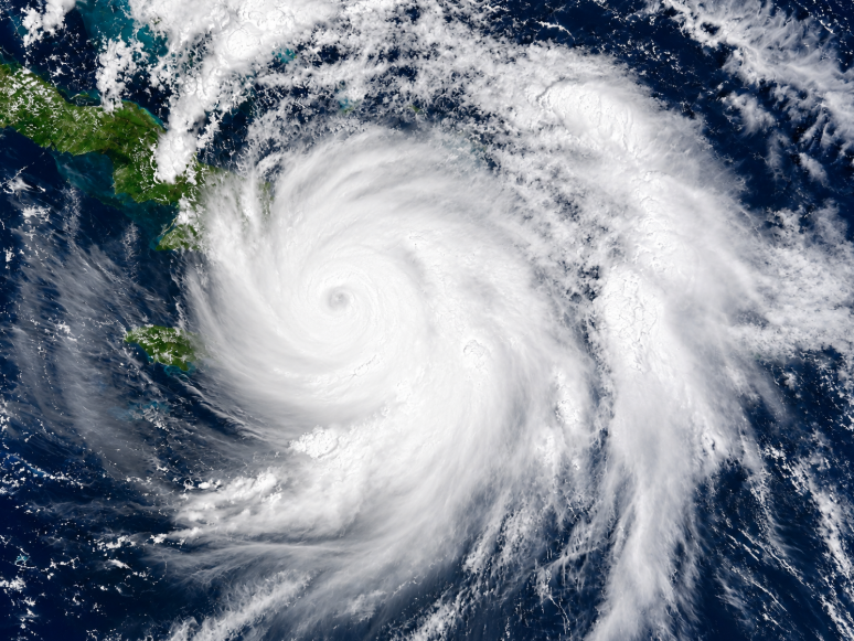 Satellite view of a powerful hurricane over the Caribbean Sea.